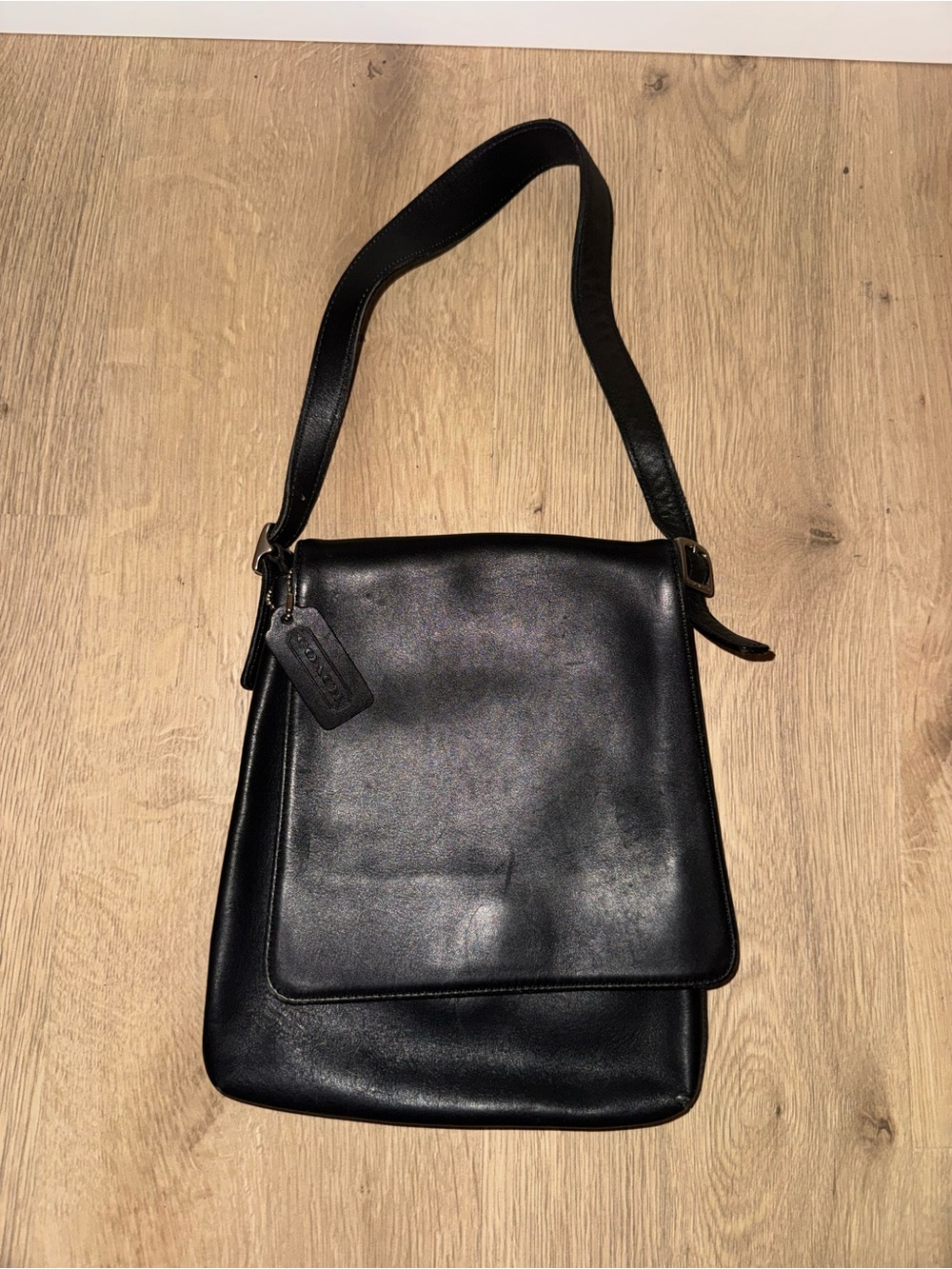 Coach Black Leather Messenger Bag with Adjustable Strap